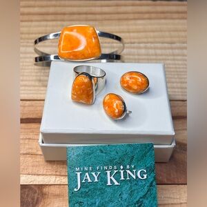 Jay King Orange and spiny shell Sterling silver .925 bracelet, earring and ring